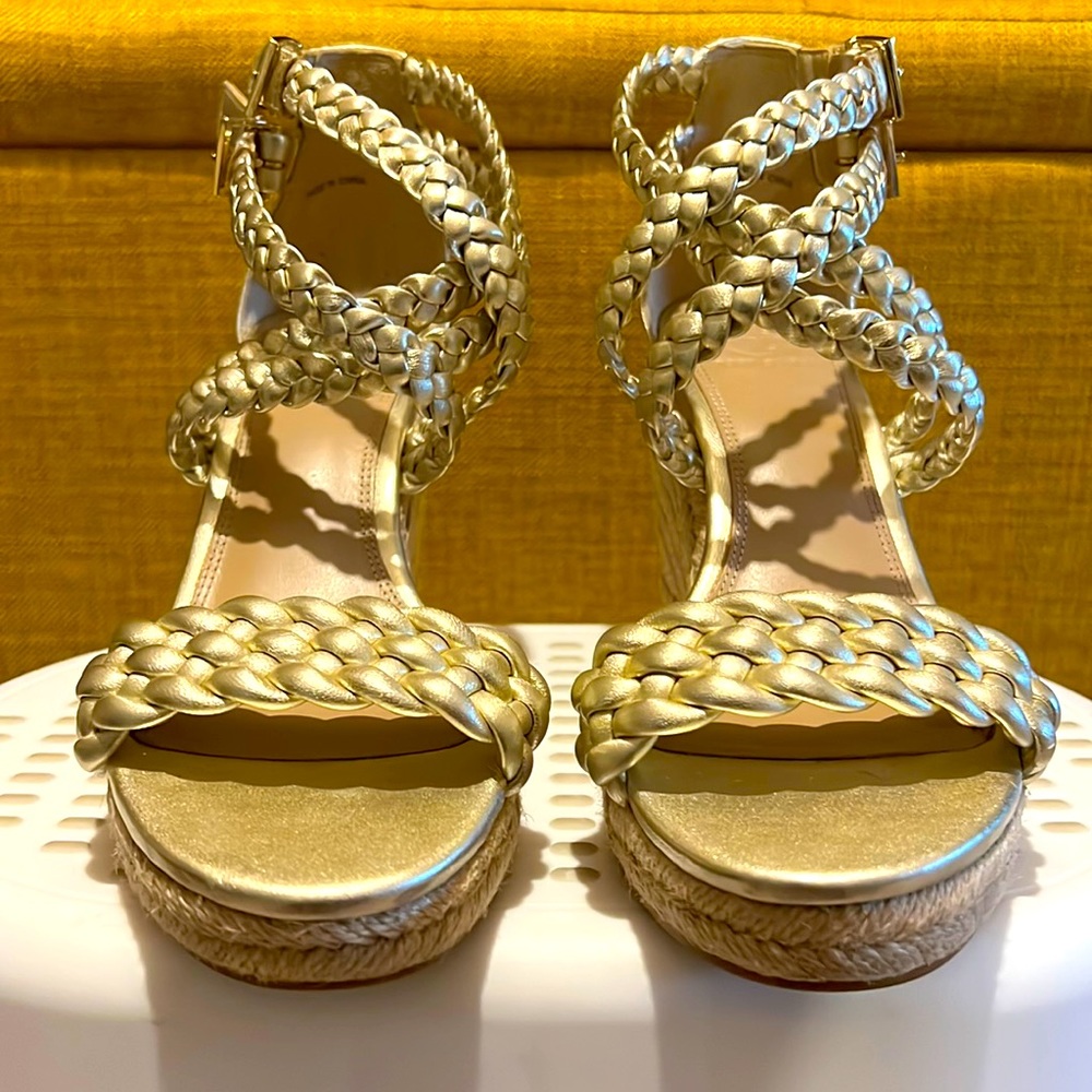 Tory Burch Gold Metallic Ankle-Strap Wedge Heels 6.5